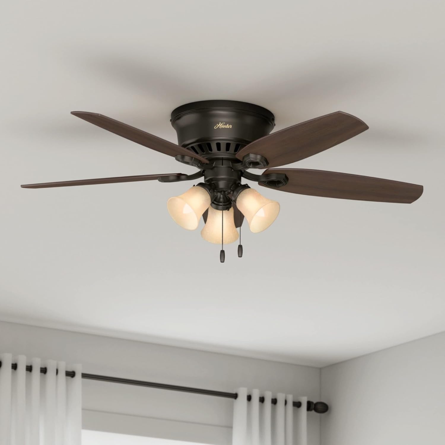 52 Inch Indoor Ceiling Fan with LED Lights - Bronze Ceiling Fan with Pull Chain, for Bedroom, Living Room, or Kitchen, Low Profile Mount, No Remote, 5 Blades - Builder 53327, New Bronze