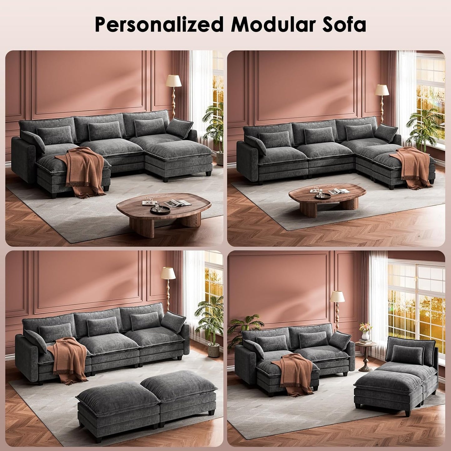 Modular Sectional Sofa 110.6" U-Shaped Modern Comfy Cloud Couch, 5-Seat Chenille Deep Seat Sofa with Throw Pillow & Movable Ottoman for Living Room, Bedroom and Apartment, Grey