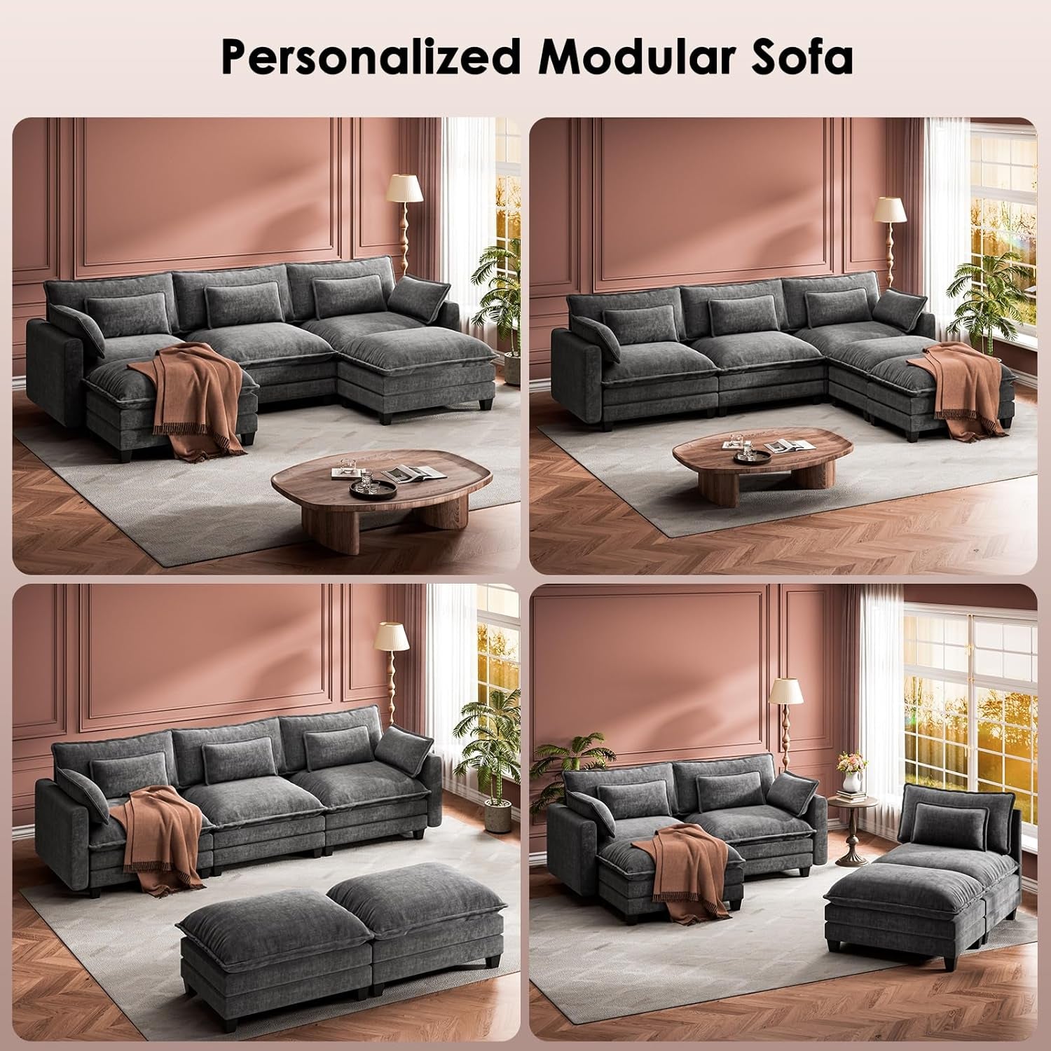 Modular Sectional Sofa 110.6" U-Shaped Modern Comfy Cloud Couch, 5-Seat Chenille Deep Seat Sofa with Throw Pillow & Movable Ottoman for Living Room, Bedroom and Apartment, Grey