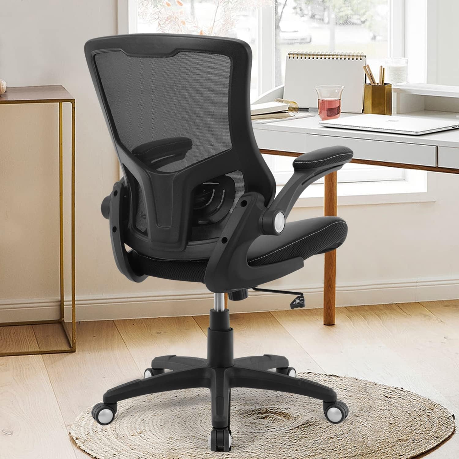 Office Chair Ergonomic Desk Chair, Computer PU Leather Home Office Chair, Swivel Mesh Back Adjustable Lumbar Support Flip-Up Arms Executive Task Chair