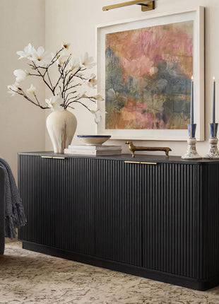 63-Inch Modern Fluted Sideboard Buffet Cabinet with Storage, 31.6-Inch Height Wood Media Console and Coffee Bar Table for Living Room, Kitchen, and Dining Room in Black
