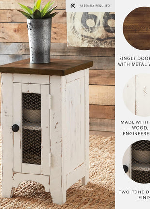 Wystfield Farmhouse Chairside End Table with Storage Cabinet in Distressed White and Brown Finish by Signature Design by Ashley