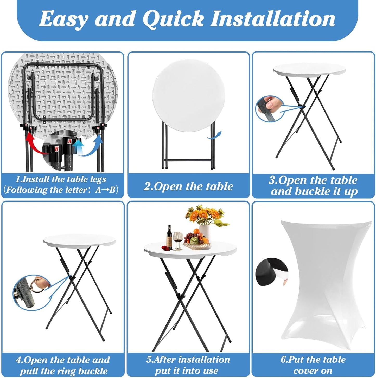 2Sets 32In Hightop Folding Cocktail Tables+Covers, White-Spandex Stretch Folding Bar Table Covers, Removable Legs Bar Height Folding Table Outdoor Indoor Use (2+2White/2Covers+2Tables)
