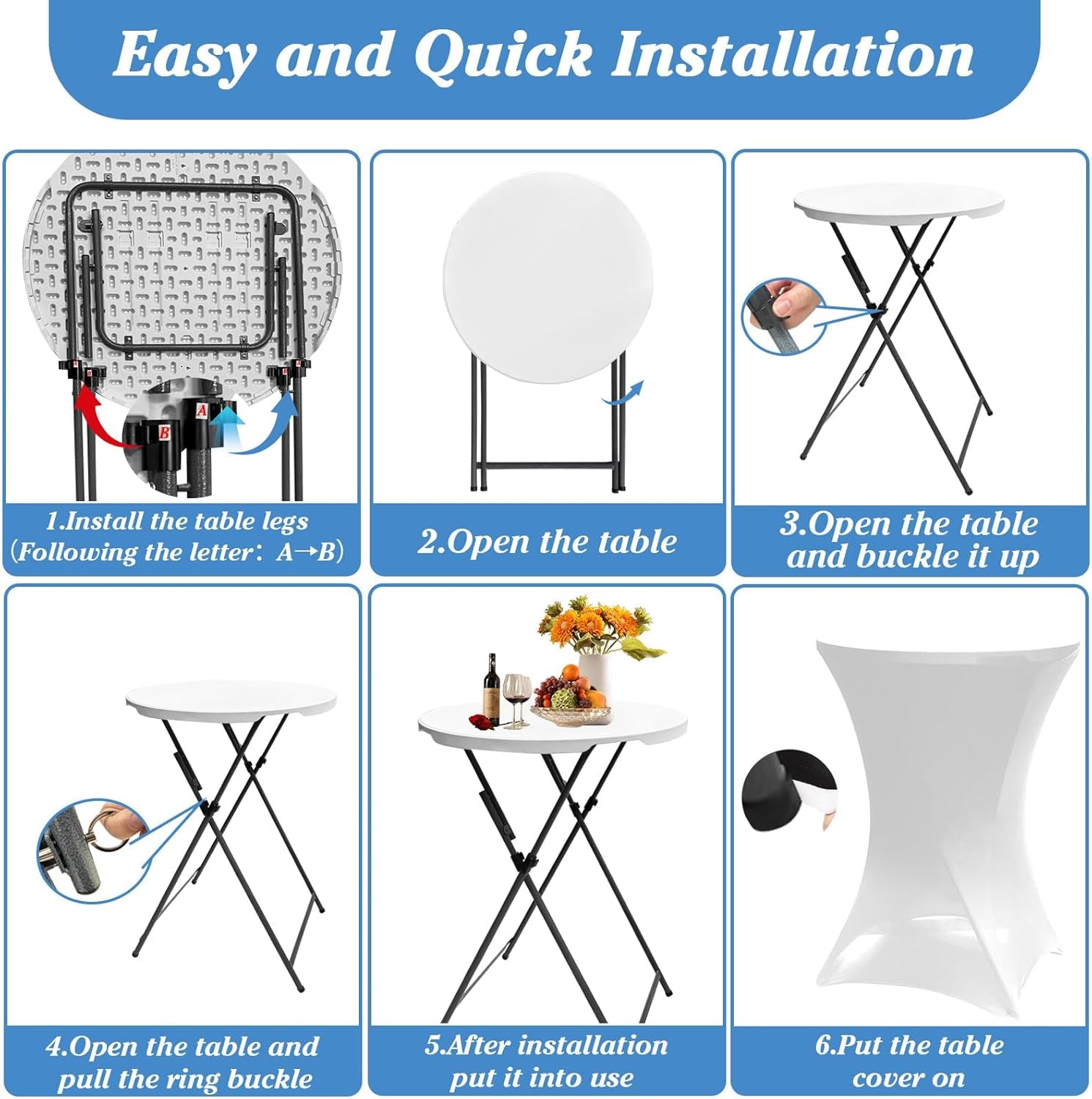 2Sets 32In Hightop Folding Cocktail Tables+Covers, White-Spandex Stretch Folding Bar Table Covers, Removable Legs Bar Height Folding Table Outdoor Indoor Use (2+2White/2Covers+2Tables)