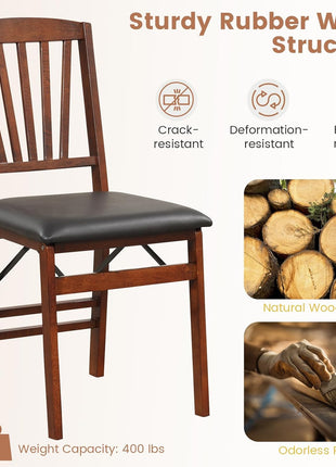 Set of 2 Folding Dining Chairs, Upholstered Wooden Chairs with PVC Padded Seat, Solid Wood Frame, 400LBS Capacity for Kitchen and Apartment (Black & Brown)