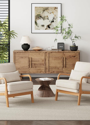 Set of 2 Mid-Century Accent Chairs with Solid Wood Frame, Lumbar Pillow, and Soft Cushion for Living Room, Bedroom, or Waiting Area - Beige