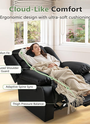 Black Overstuffed Recliner Chair with Breathable Faux Leather, Manual Reclining Feature, Ideal for Living Room Seating
