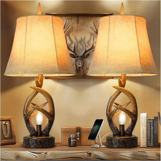 Rustic Farmhouse Antlers Bedside Table Lamp Set of 2 with Nightlight Dual USB Ports Leather Soft Bell Shade Brown Finish Nightstand Lamp Decor for Living Room Bedroom Office House Hotel