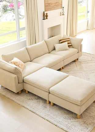 127" Premium Modular Sectional Sofa for Living Room, Down-Filled Chenille Couch in Beige, U-Shaped Design, Comfortable Seating for 5