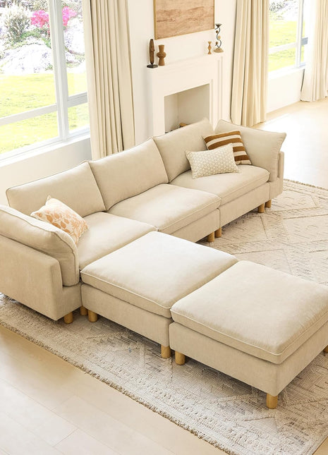127" Premium Modular Sectional Sofa for Living Room, Down-Filled Chenille Couch in Beige, U-Shaped Design, Comfortable Seating for 5