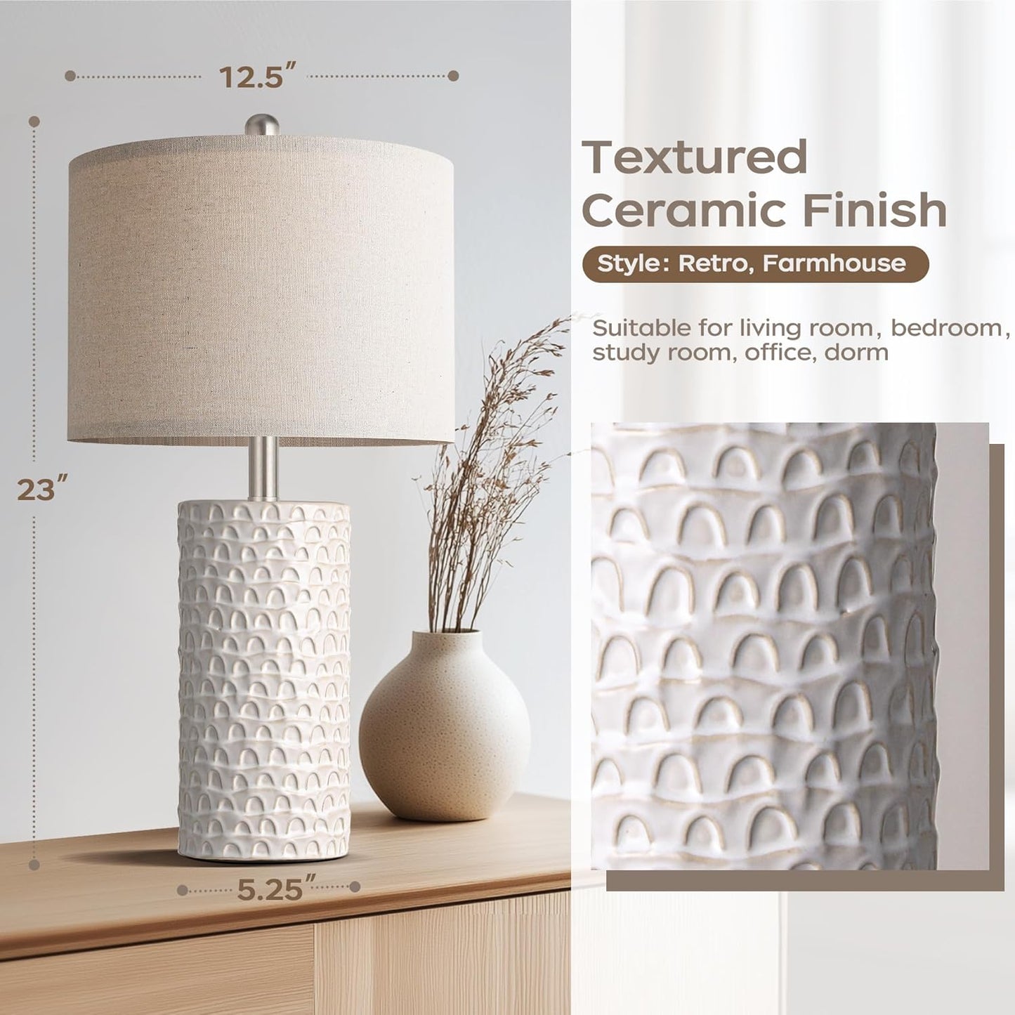 23" Modern Ceramic Table Lamp Set of 2, Table Lamps for Living Room, Rustic Farmhouse Bedside Lamps Nightstand Lamp for Bedroom, White Desk Lamp for End Table Home Decor Beige