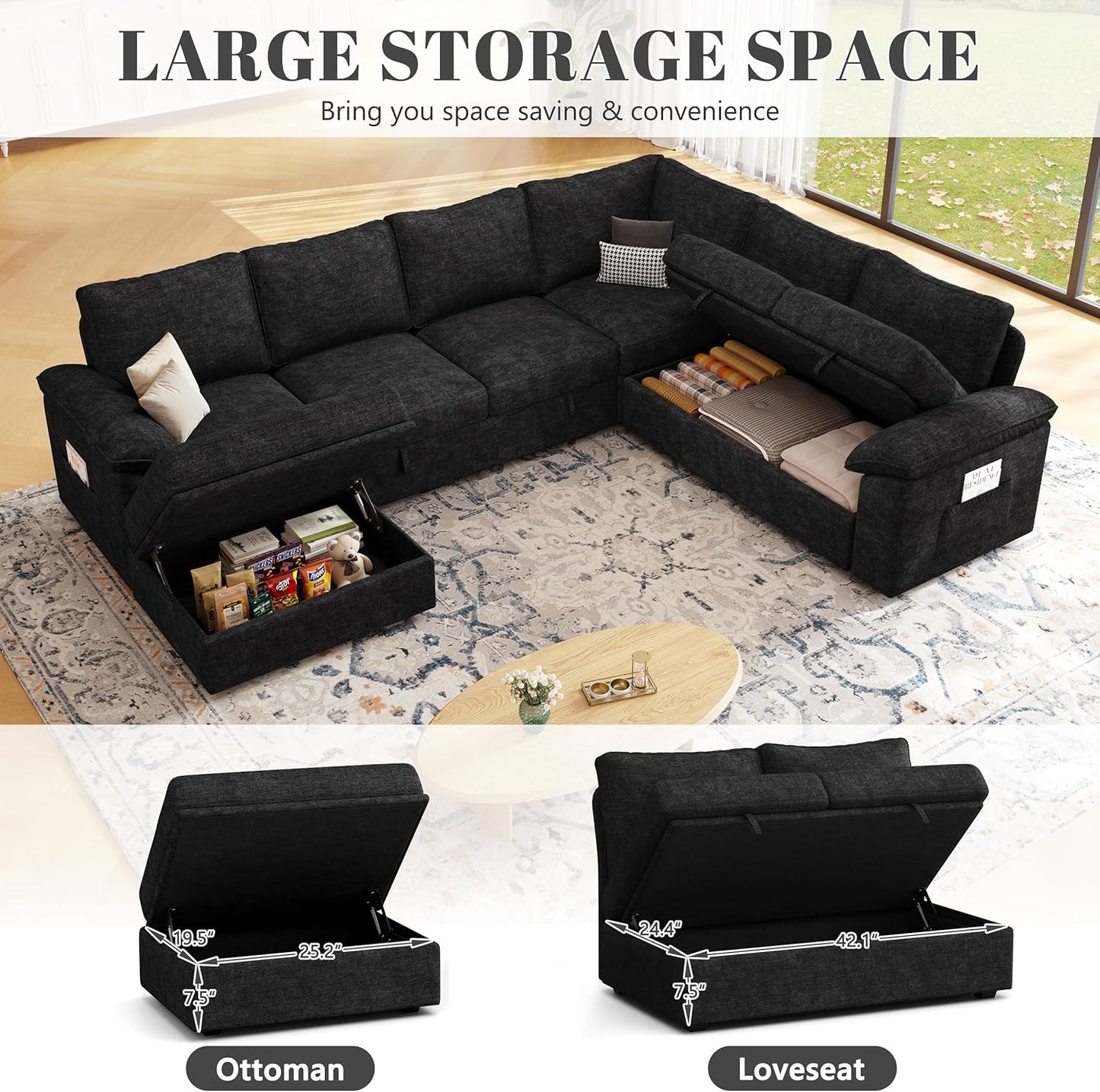 108 Inch Modular Sectional Sofa with Pull Out Bed, U Shaped 7 Seat Sectional Sleeper Sofa with Storage, Sectional Couches for Living Room,Cloud Modular Couch, Removable Sofa Cover, Black