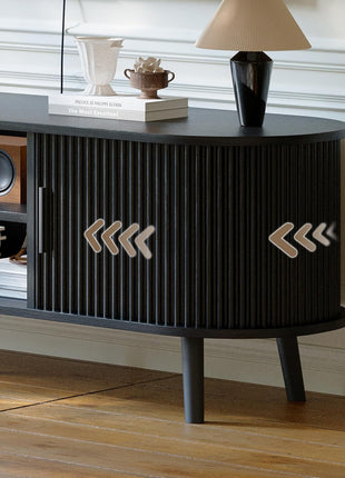 Mid-Century Modern TV Console for TVs up to 60 Inches, Entertainment Center with Fluted Sliding Doors, Concealed Storage, and Adjustable Shelving for Living Room and Bedroom, Black