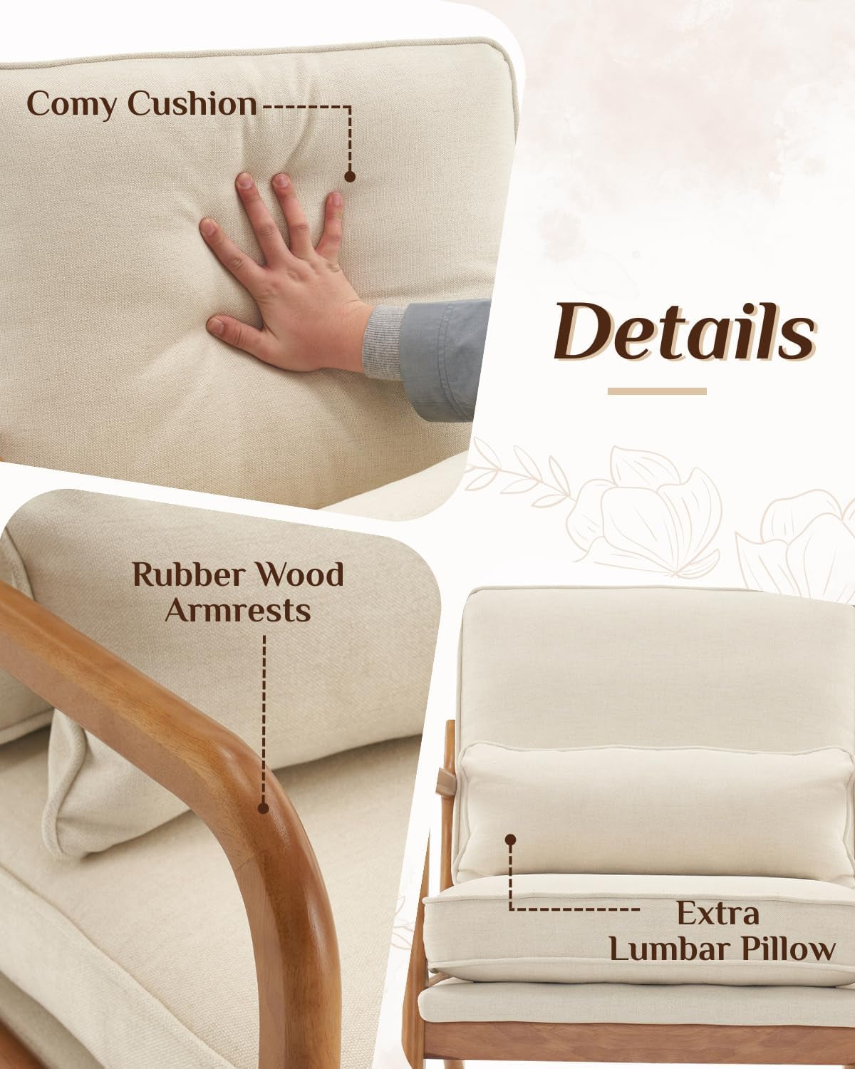 Accent Chair Mid-Century Modern Chair with Pillow Linen Fabric Upholstered Lounge Arm Chair with Solid Wood Frame & Soft Cushion for Living Room, Bedroom, Balcony, Beige