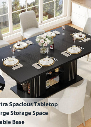 71-Inch Rectangular Black Oak Dining Table for Six with Storage, Durable Base, and Sophisticated Design for Contemporary Kitchens and Dining Areas
