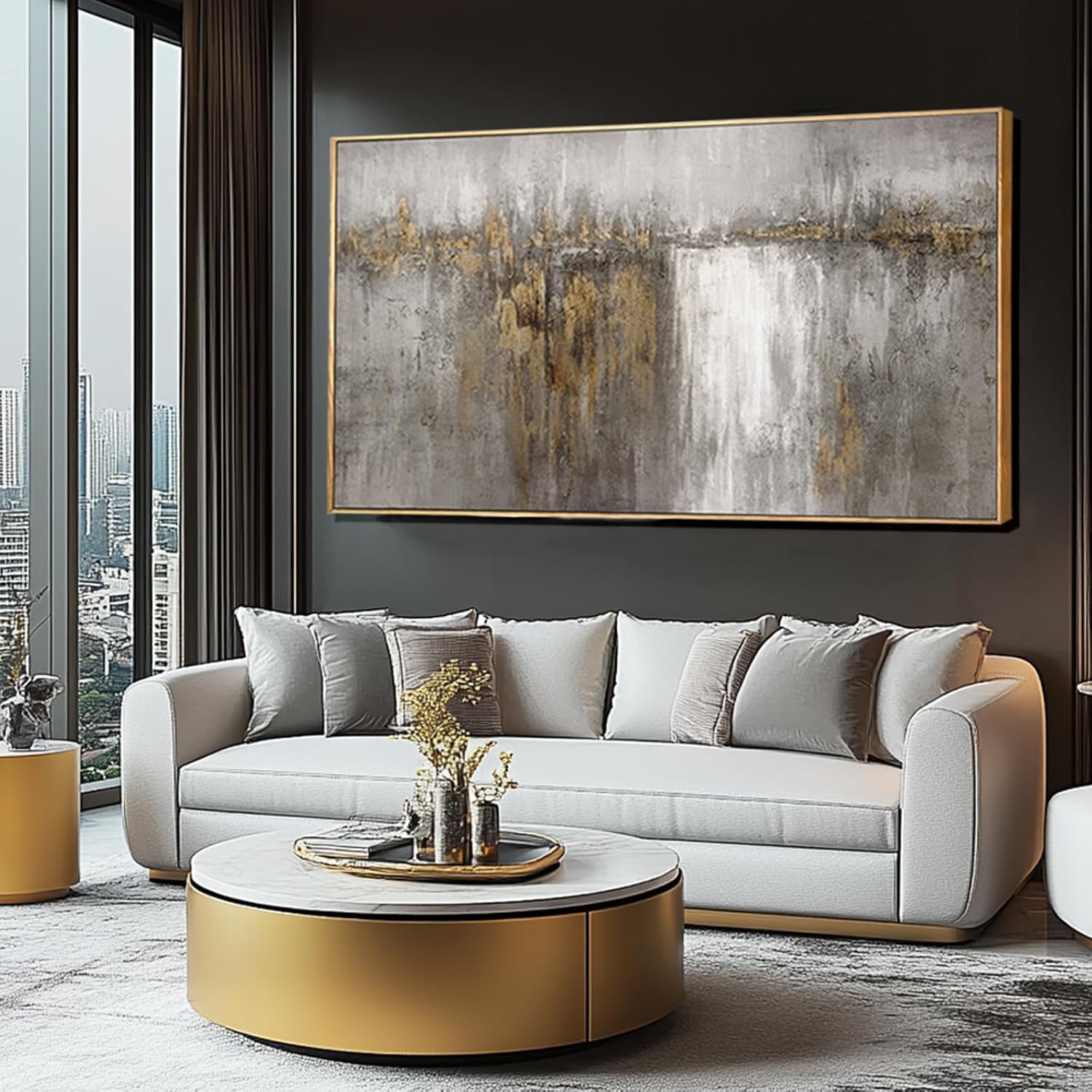 White and Gold Artwork for Walls Abstract Framed Poster Print 24"X48" Canvas Wall Art for Bedroom Neutral Artwork Decor for Office