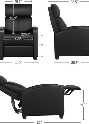 Premium PU Leather Recliner Chair with Lumbar Support, Overstuffed High-Density Foam & Pocket Springs - Push Back Recliner Armchair for Home Theater and Living Room