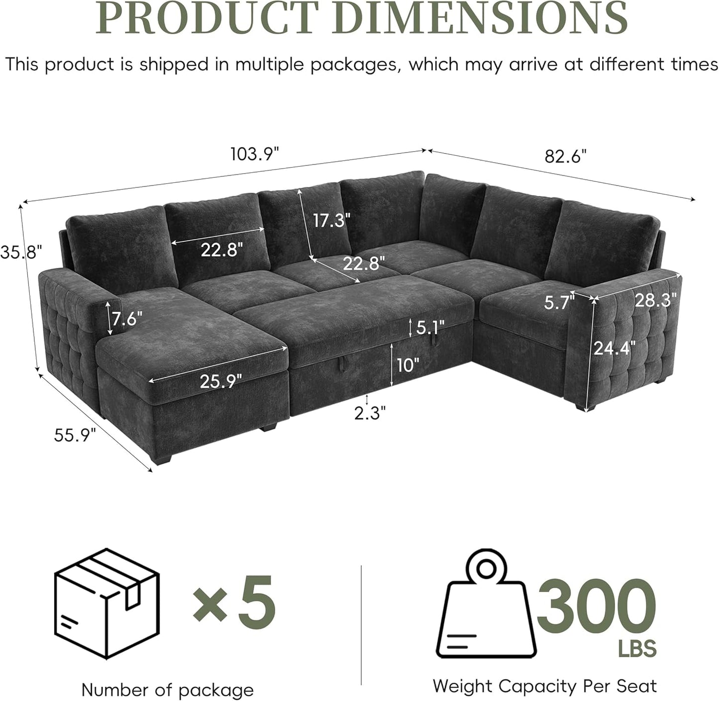 104" Sectional Sleeper Sofa Bed, Pull Out Couch with Storage, Modular Cloud Sofa with Chaise, 7 Seat U Shaped Sectional Couches for Living Room& Apartment, Convertible Sofas, Gray Couch