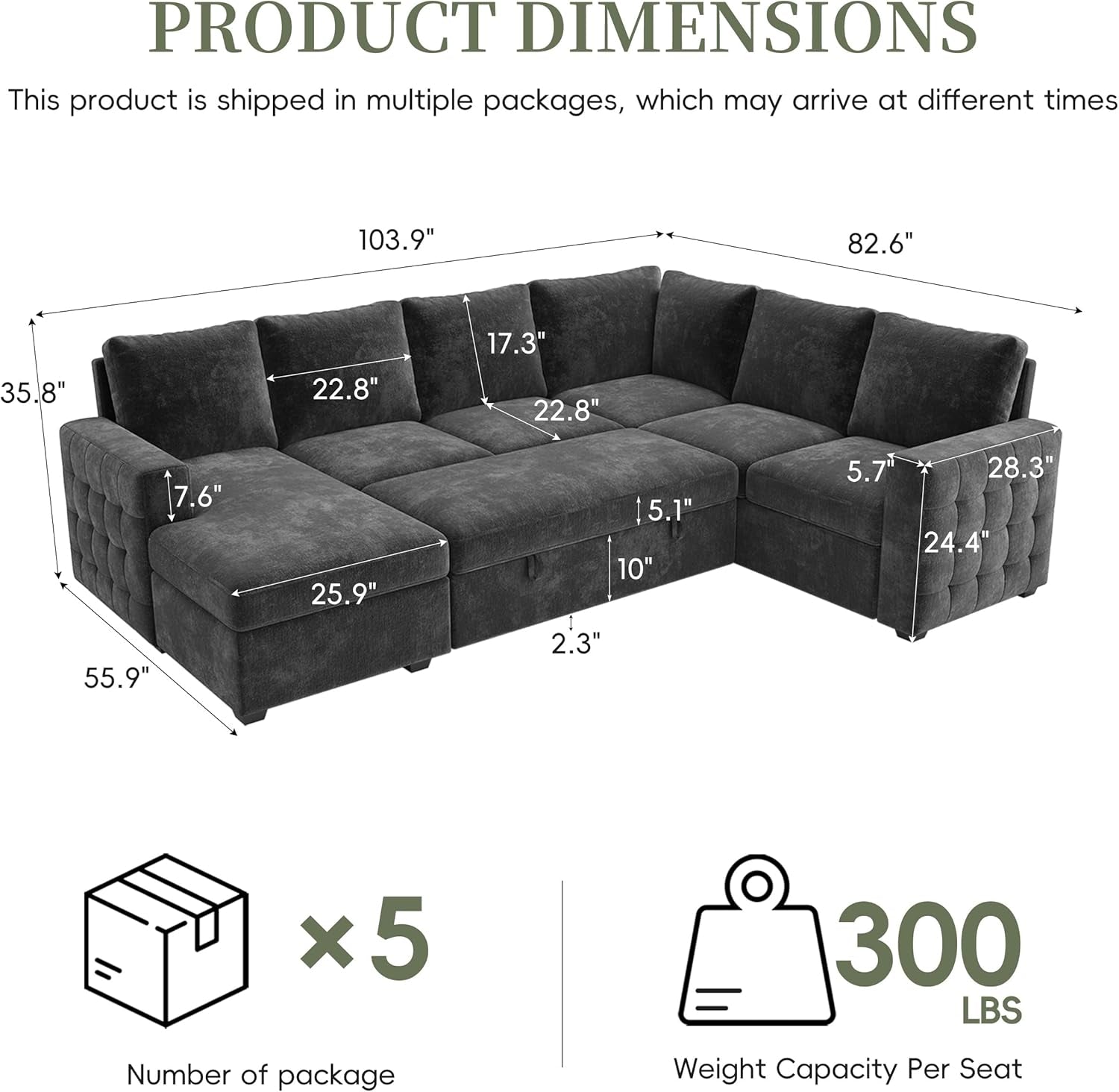 104" Sectional Sleeper Sofa Bed, Pull Out Couch with Storage, Modular Cloud Sofa with Chaise, 7 Seat U Shaped Sectional Couches for Living Room& Apartment, Convertible Sofas, Gray Couch