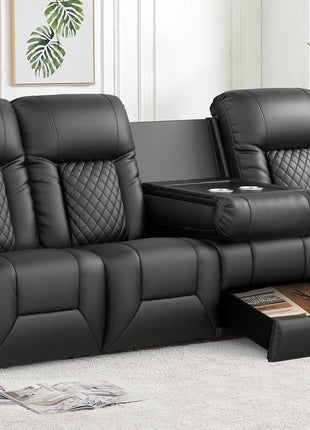 4-Seater Dual Reclining Sofa with Flip-Back Console, Modern PU Leather Couch for Living Room/RV, Featuring Storage Drawer, USB Ports, Cup Holder, and Cell Phone Holder in Black