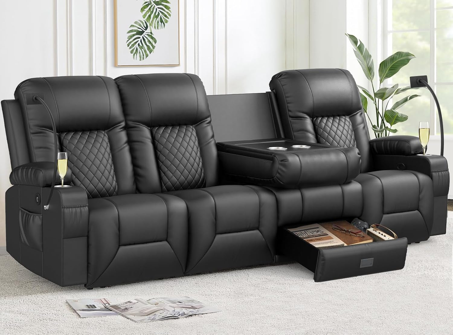 Recliner Sofa, 4 Seater Dual Reclining Sofa with Flip Back Console, Modern PU Leather Recliner Couch for Living Room/Rv, with Storage Drawer, USB Ports, Cup Holder, Cell Phone Holder, Black
