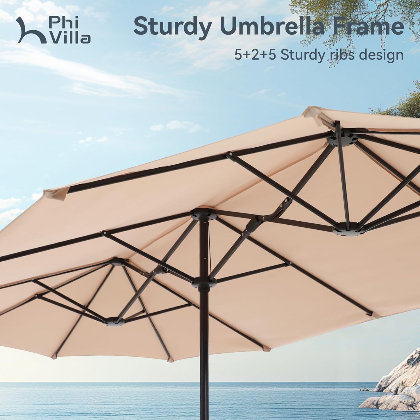 13Ft Large Patio Umbrella Double-Sided Twin Outdoor Market Umbrella with Crank, Beige
