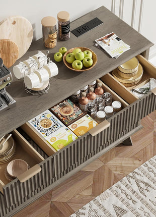 Contemporary Fluted Sideboard Buffet Cabinet with Integrated Charging Station, 47.2" Kitchen Storage Solution Featuring Drawers and Adjustable Shelves, Perfect for Dining and Living Rooms, Grey Finish
