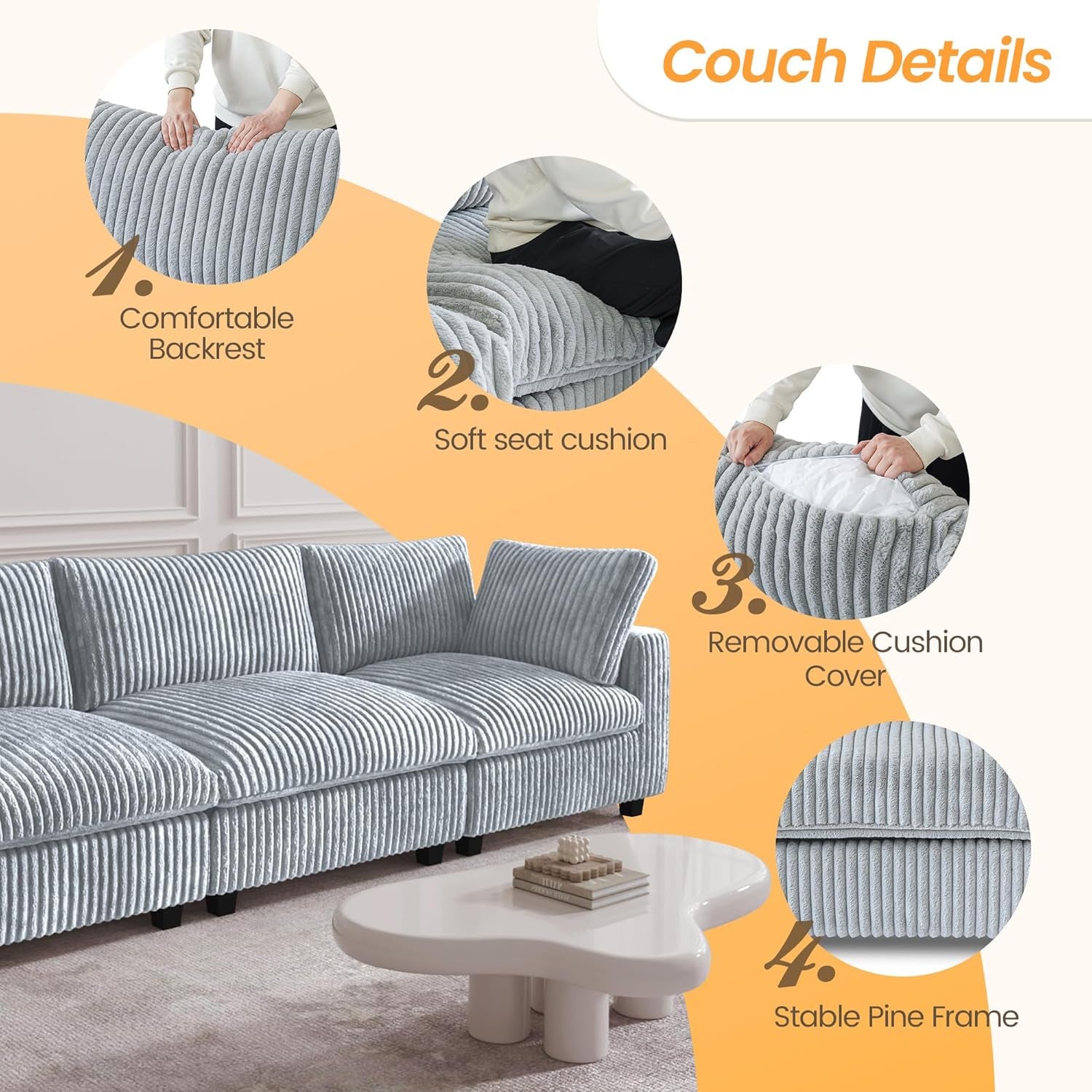78" Deep Seat Sectional Couches, Convertable Sleeper Sofa for Living Room, Love Seat Couch, Sofa Covers Washable, Modular Sectional Sofas for Living Room, Apartment, Light Grey
