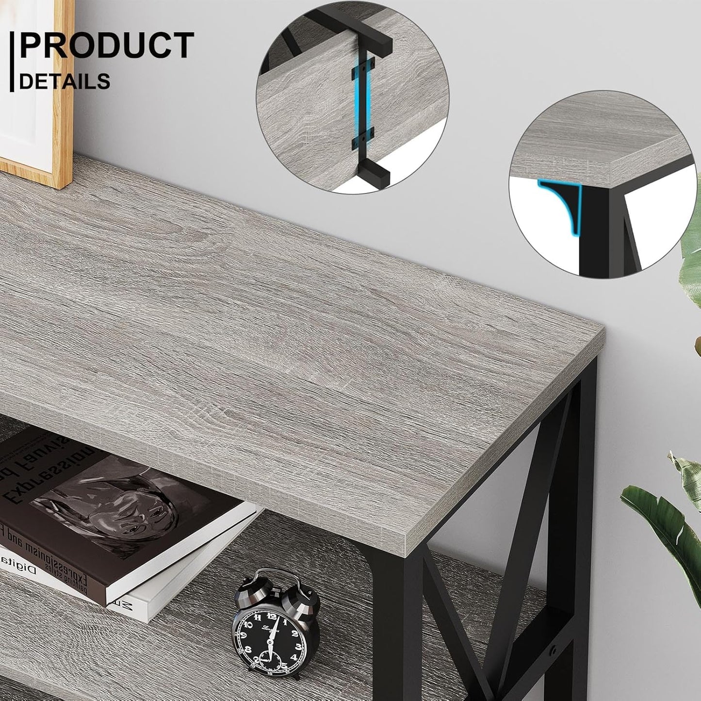 Industrial Entryway Table, Farmhouse Rustic Console Table behind Couch, Long Metal Wooden Sofa Table with Storage Shelf, Modern Foyer Hallway for Living Room Bedroom, Light Grey Oak, 63 In