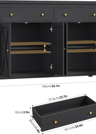 55-Inch Sideboard Buffet Cabinet with Storage Solutions, Including 2 Drawers and 4 Doors, Wood Coffee Bar Buffet Table for Kitchen and Dining Room in Black Finish