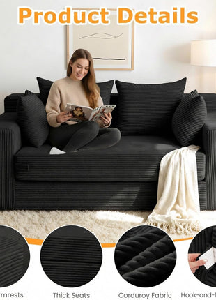 55" Convertible Boneless Loveseat Sleeper Sofa Bed with 4 Pillows - Black Corduroy, Ideal for Living Room, Guest Room, and Small Spaces, No Assembly Required