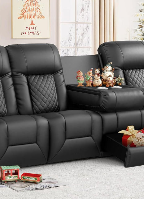 4-Seater Dual Reclining Sofa with Flip-Back Console, Modern PU Leather Couch for Living Room/RV, Featuring Storage Drawer, USB Ports, Cup Holder, and Cell Phone Holder in Black
