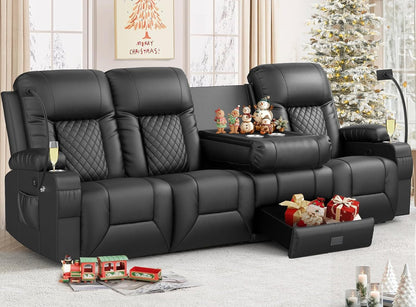 Recliner Sofa, 4 Seater Dual Reclining Sofa with Flip Back Console, Modern PU Leather Recliner Couch for Living Room/Rv, with Storage Drawer, USB Ports, Cup Holder, Cell Phone Holder, Black