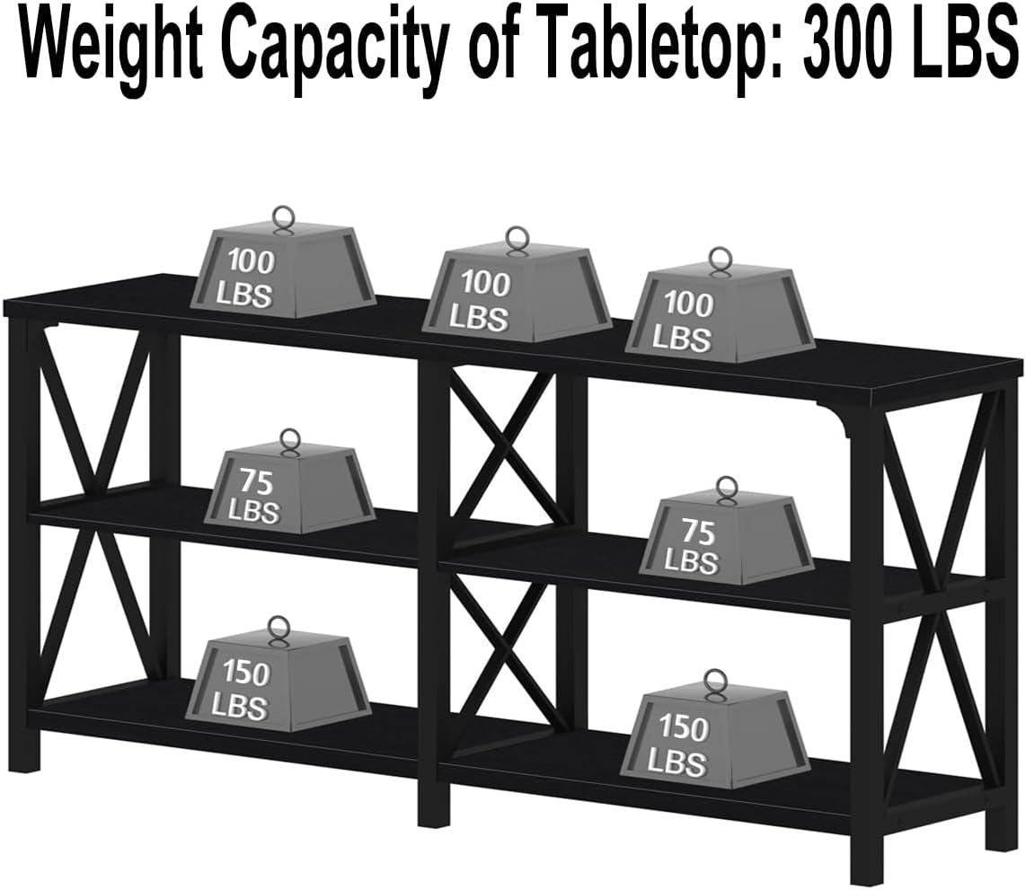 Black Console Table, Modern Industrial Sofa Table with 3 Tier Storage Shelves, Farmhouse Wooden Metal Entryway Table for Living Room, Hallway, or Foyer, Black Oak, 63 Inch