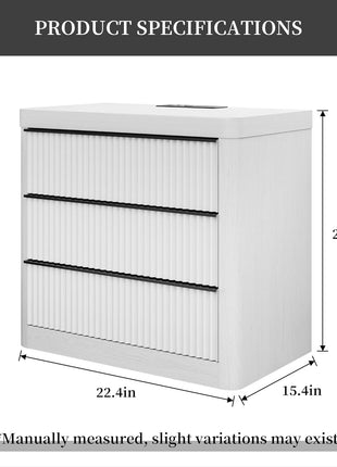 Set of 2 Fluted Nightstands with Charging Station, 3-Drawer Storage End Tables in Natural Wood Finish, Farmhouse Style Bedside Cabinets for Bedroom and Living Room (White Oak)