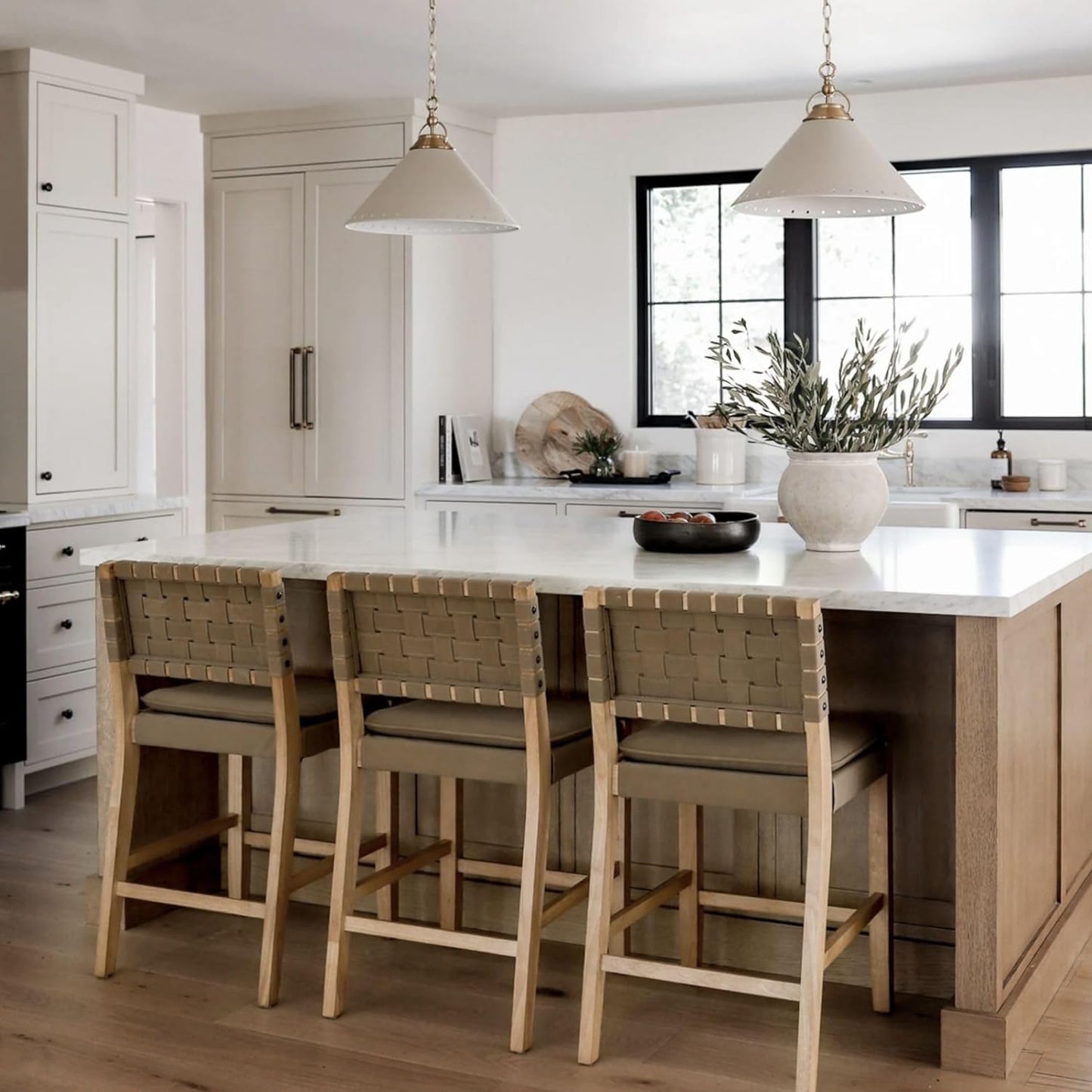 Cohen Mid-Century Modern Leather Bar Stool, Counter Height Chair in Solid Wood Frame with Footrest and Woven Leather Back for Kitchen, Natural Brown, 1 Count, Barstool - 24"