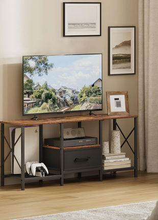 Industrial TV Stand with Fabric Drawer - Rustic Brown Entertainment Center for 50-55 Inch TVs with Open Storage Shelves for Living Room and Bedroom