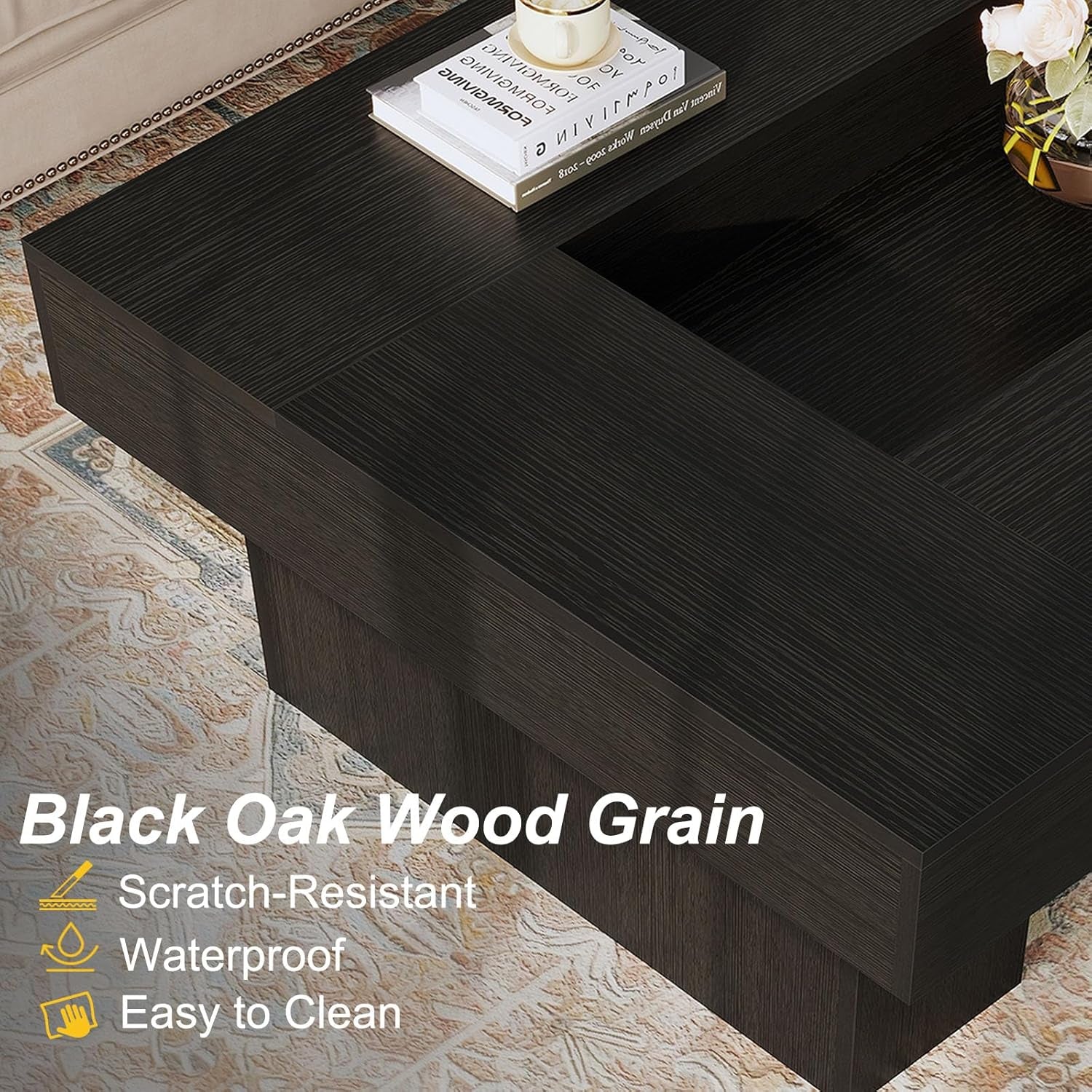 Black Coffee Table, Modern Wood Led Living Room Table with Storage, Unique Large Wide Rectangle Center Table with LED Light, Contemporary Low Tea Table for Bedroom Home Office, 47.24 In, Black Oak