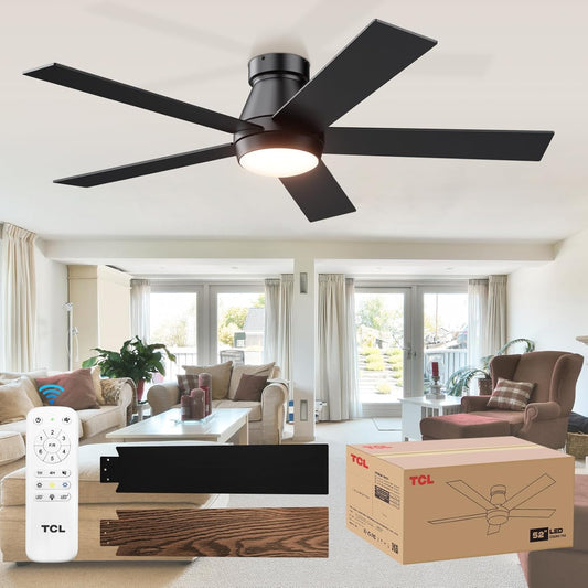 52" Ceiling Fan with Lights, Black Flush Mount Ceiling Fans with Remote Control, 6 Speeds DC Reversible, Dimmable, Noiseless, Low Profile Ceiling Fans for Bedroom
