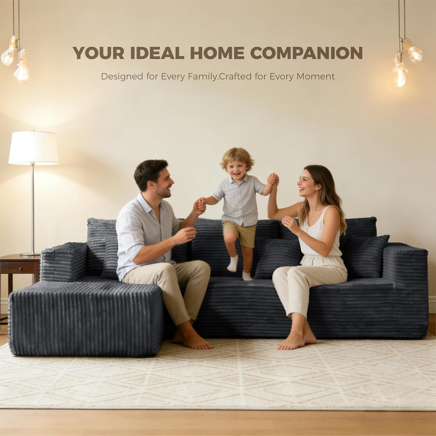 106" Black Corduroy Boneless Modular Sectional Sofa, Cloud-Louch Deep Seat Sofa with Left Chaise for Living Room & Bedroom（L-Shaped Left Facing Chaise）