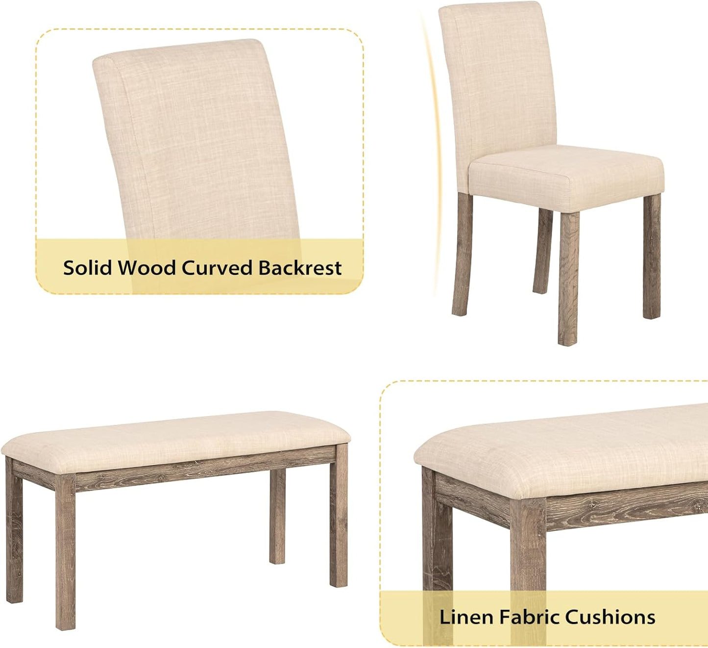 6-Piece Solid Wood Dining Table Set, Including 1 Dining Table, 4 Upholstered Chairs and 1 Bench, Wooden Legs Dining Table Set for Dining Room, Kitchen, Restaurant, Brown