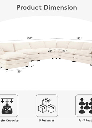 150'' Modular Sectional Cloud Couch, 7 Seater Corner Sofa Big Comfy Corduroy V Shaped Couch with 4 Throw Pillows, Convertible Chaise, Ottoman, Couches for Living Room Office Beige