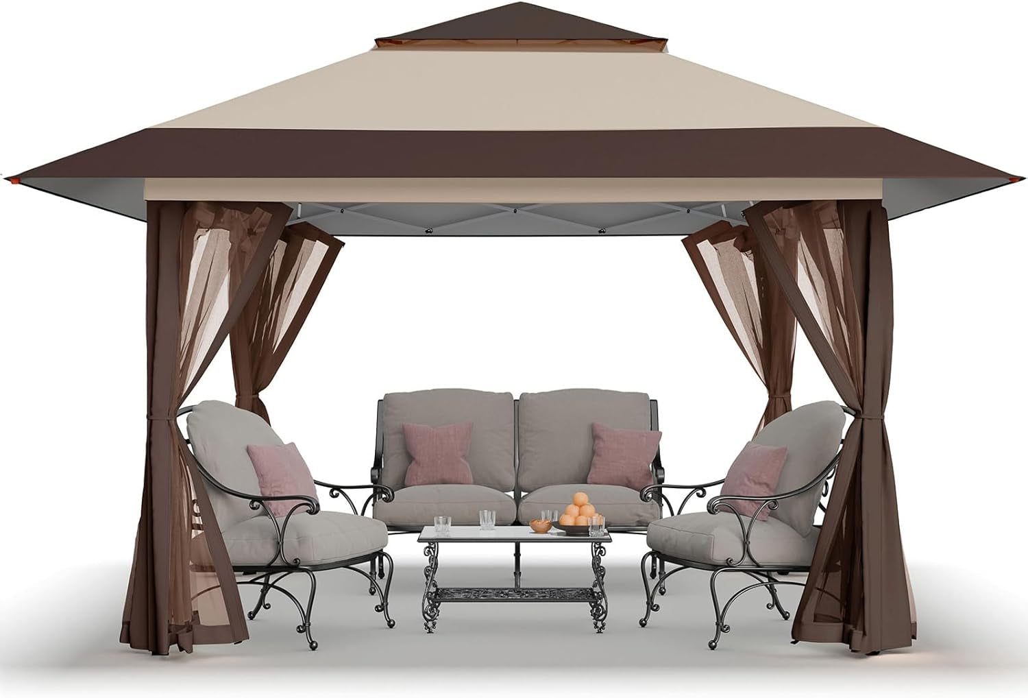 13X13 Pop up Gazebo, Canopy Tent, Gazebos on Clearance - Outdoor Gazebo for Backyard & Patio Furniture - Carpa Pop up Tent with Wheeled Sto-N-Go Cover Bag (Beige & Coffee)