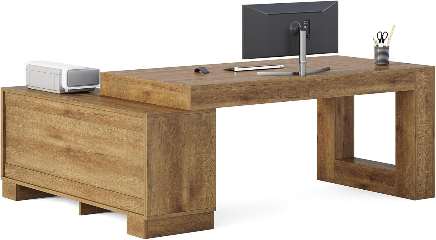 63" L Shaped Executive Desk with Storage, Farmhouse Home Office Desk with 2-Tier Cabinets and Shelves, Large Wooden Computer Table Business Furniture Workstation Set, Brown