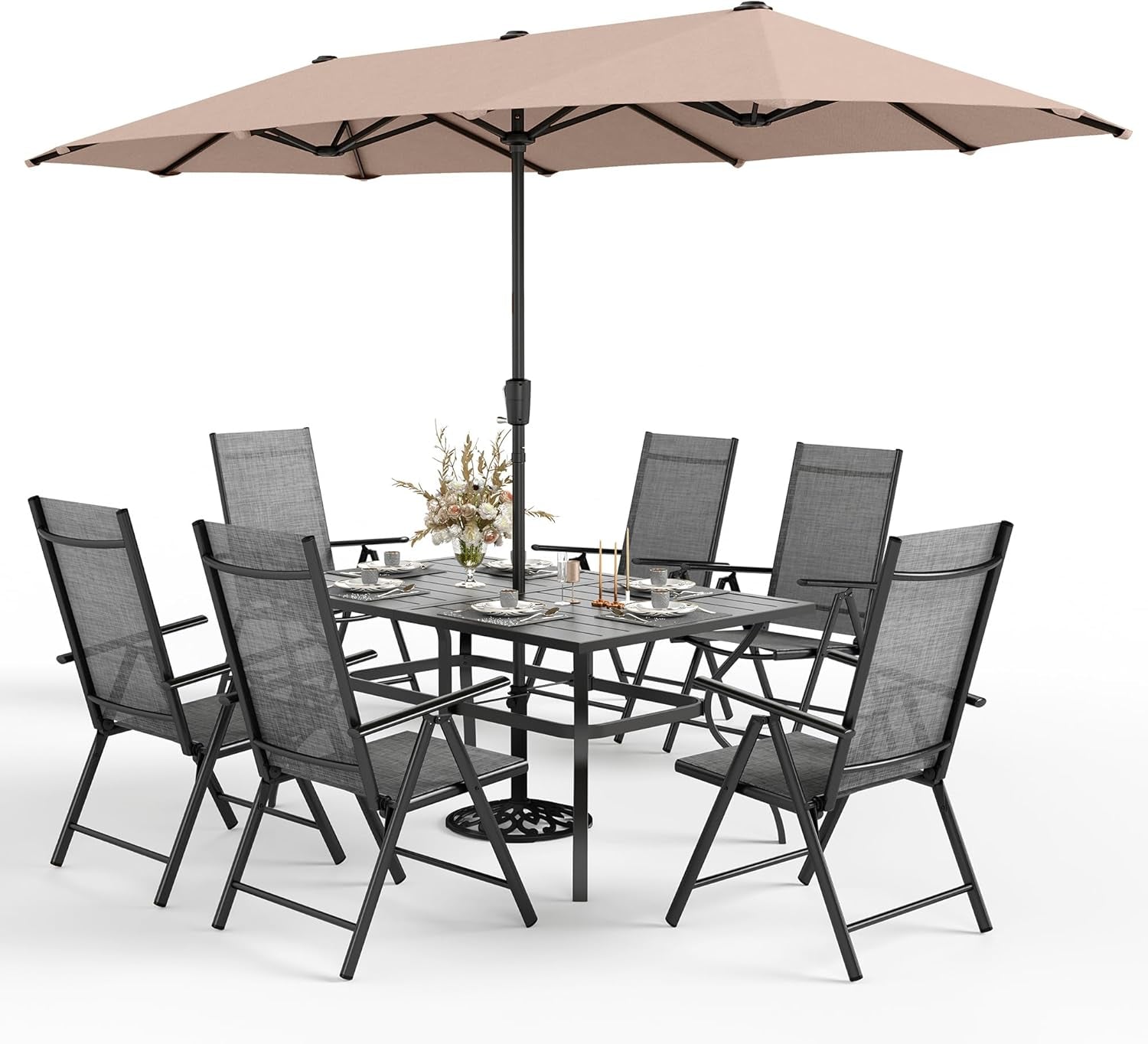 7 Pieces Patio Dining Set with 13Ft Beige Umbrella, Folding Outdoor Dining Chairs for 6, Rectangular Metal Patio Table and Sling Chairs Set, Grey