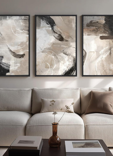 Large Framed Neutral Abstract Wall Art Set - 3-Piece Modern Canvas Prints for Living Room, Hallway, Bedroom, and Office Decor in Black, Beige, and Brown Tones, 24x36 Inches