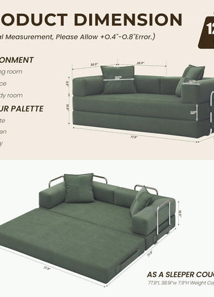 5-in-1 Convertible Green Sofa Bed with Removable Corduroy Cover and High-Density Foam, Includes 2 Pillows – Ideal for Living Room and Bedroom, No Assembly Required