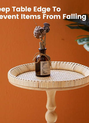 Rattan Round Small Side Table for Compact Spaces - Bohemian Circle End Table with Solid Wood Legs for Living Room and Bedroom Corners