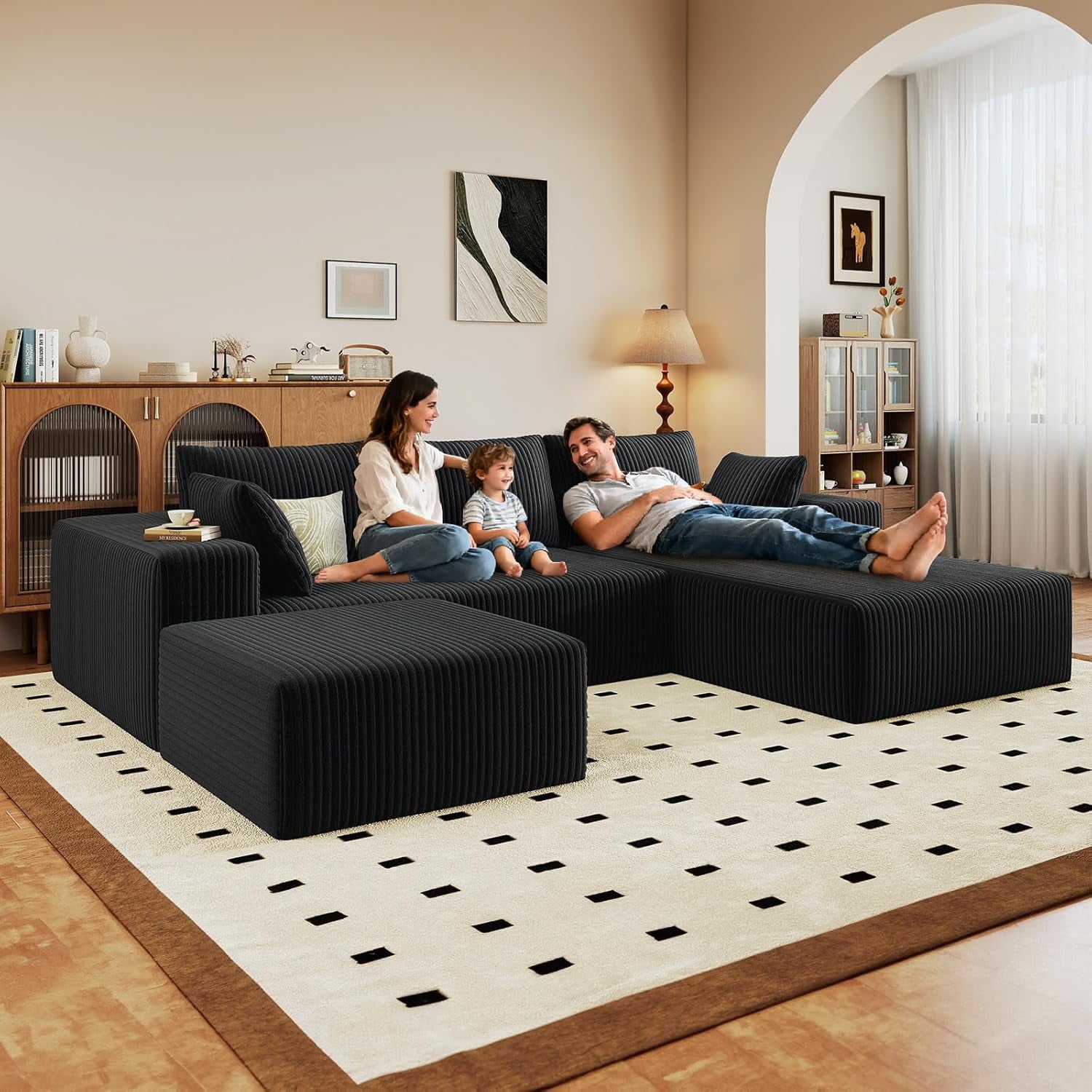 96" U-Shape Cloud Couch, Modern Modular Sectional L-Shape Sofa with Ottoman, Corduroy Upholstered Couches Deep Seat Sleeper Chaise Longue for Living Room, No Assembly Required(Black, Right Facing)