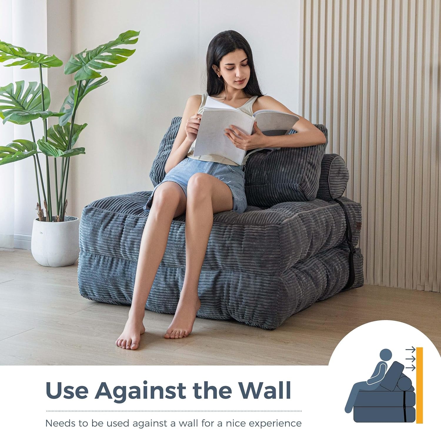 Folding Sofa Bed, Convertible Sleeper Chair with Pillow Foldable Mattress with Back Support, Portable Fold Out Chair Bed Comfy Floor Sofa Lounge for Living Room Bedroom, Dark Grey, Single